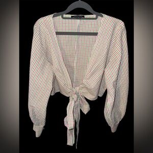 Stylish Checkered Tie-Front Blouse